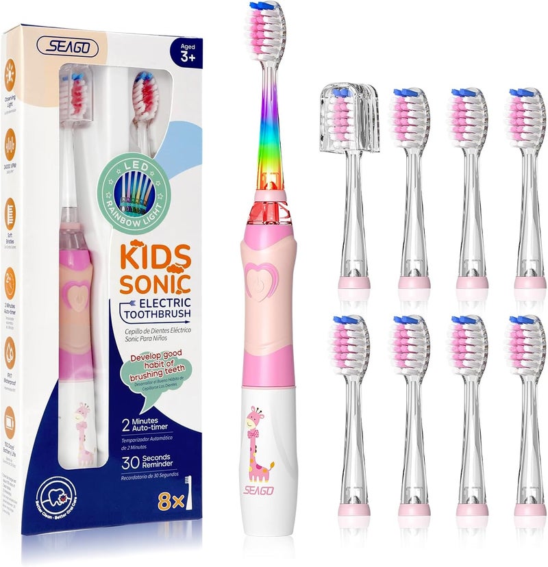 Seago Kids Electric Toothbrush with 2 Mins Brushing Timer and 8 Replacement Bursh Heads,Rainbow LED Light Make Brushing Fun, Pink Color Girls Battery Powerd Toothbrush for 4-12 Years Old - Image 1